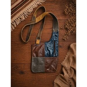 Patchwork Leather Crossbody Bag Boho Rustic Festival Earth Tone Multi Pocket Bag